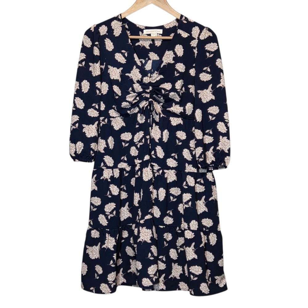 Womens Dark Floral‎ Midi Dress Feminine Romantic Boho Tiered V Neck Size Large